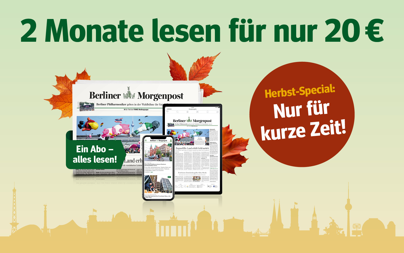 Tablet Smartphone und Zeitung im Herbstdesign mit Blaettern 2 Monate Berliner Morgenpost Abo fuer 20 Euro Herbst Special