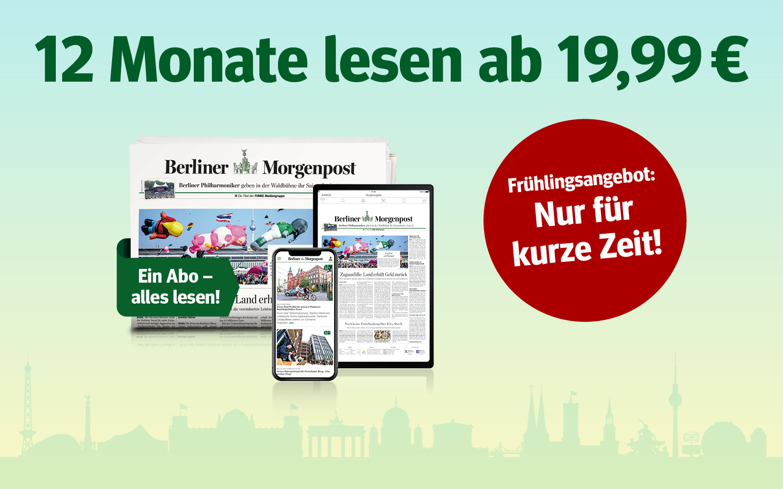 Tablet Smartphone und Zeitung im Herbstdesign mit Blaettern 2 Monate Berliner Morgenpost Abo fuer 20 Euro Herbst Special
