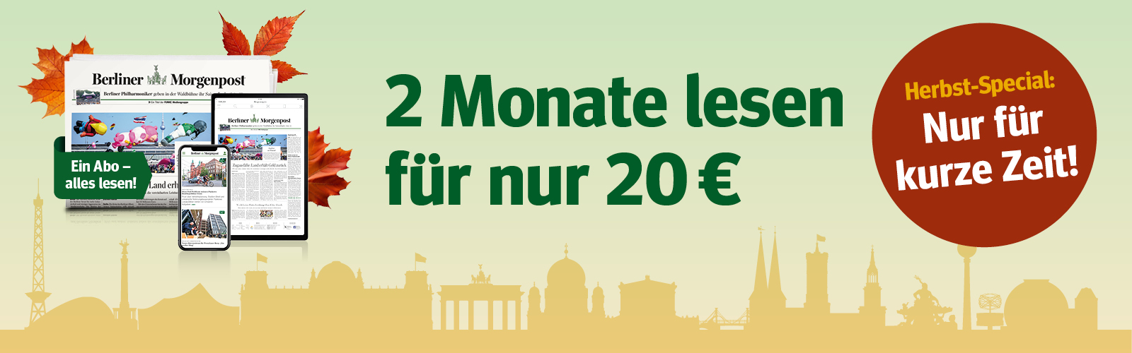Tablet Smartphone und Zeitung im Herbstdesign mit Blaettern 2 Monate Berliner Morgenpost Abo fuer 20 Euro Herbst Special